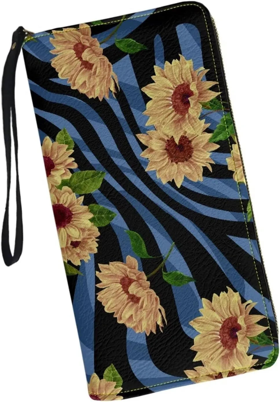 Large Capacity Long Wristlet Wallet with Blue Zebra Stripe Sunflower Pattern Zip Around Design Wallet for Women PU Leather Travel Shopping Dating Long Purse Credit Card,Cash,Coin Holder