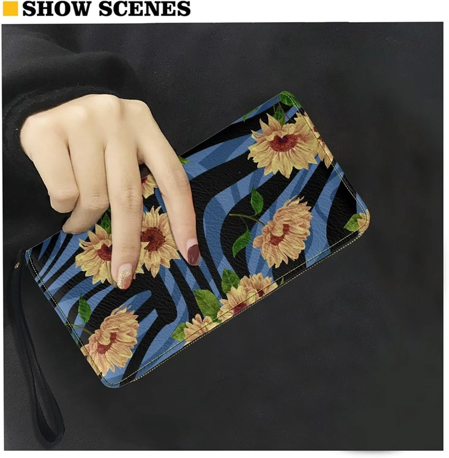 Large Capacity Long Wristlet Wallet with Blue Zebra Stripe Sunflower Pattern Zip Around Design Wallet for Women PU Leather Travel Shopping Dating Long Purse Credit Card,Cash,Coin Holder