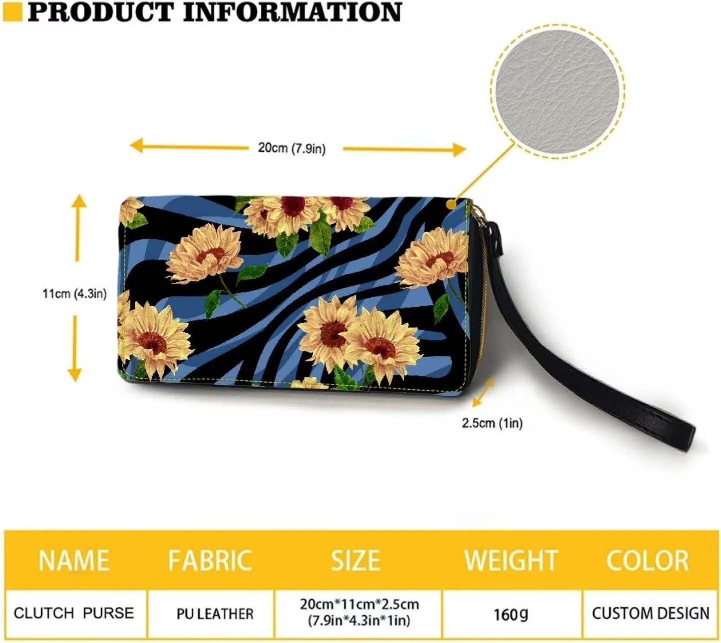 Large Capacity Long Wristlet Wallet with Blue Zebra Stripe Sunflower Pattern Zip Around Design Wallet for Women PU Leather Travel Shopping Dating Long Purse Credit Card,Cash,Coin Holder