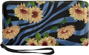 Large Capacity Long Wristlet Wallet with Blue Zebra Stripe Sunflower Pattern Zip Around Design Wallet for Women PU Leather Travel Shopping Dating Long Purse Credit Card,Cash,Coin Holder