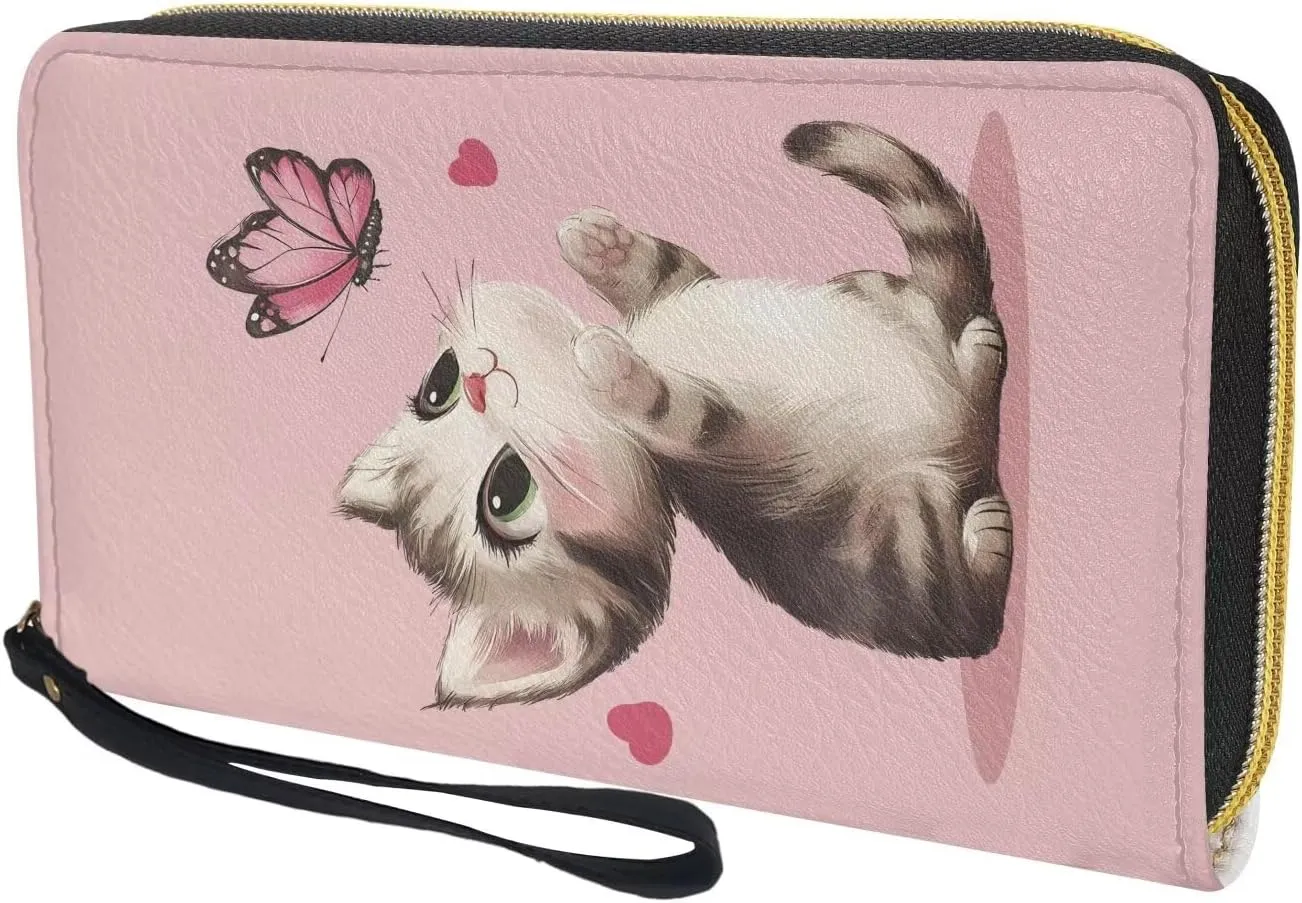 Large Capacity Wristlet Wallet Women PU Leather Stylish Long Clutch Purse Travel Credit Card Holder Metal Zipper Shopping Ladies Coin Pocket,Cute Pink Cat Butterfly Heart Pattern