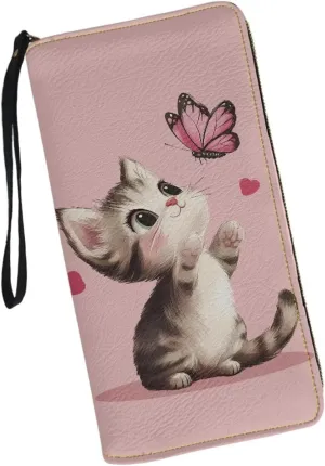 Large Capacity Wristlet Wallet Women PU Leather Stylish Long Clutch Purse Travel Credit Card Holder Metal Zipper Shopping Ladies Coin Pocket,Cute Pink Cat Butterfly Heart Pattern