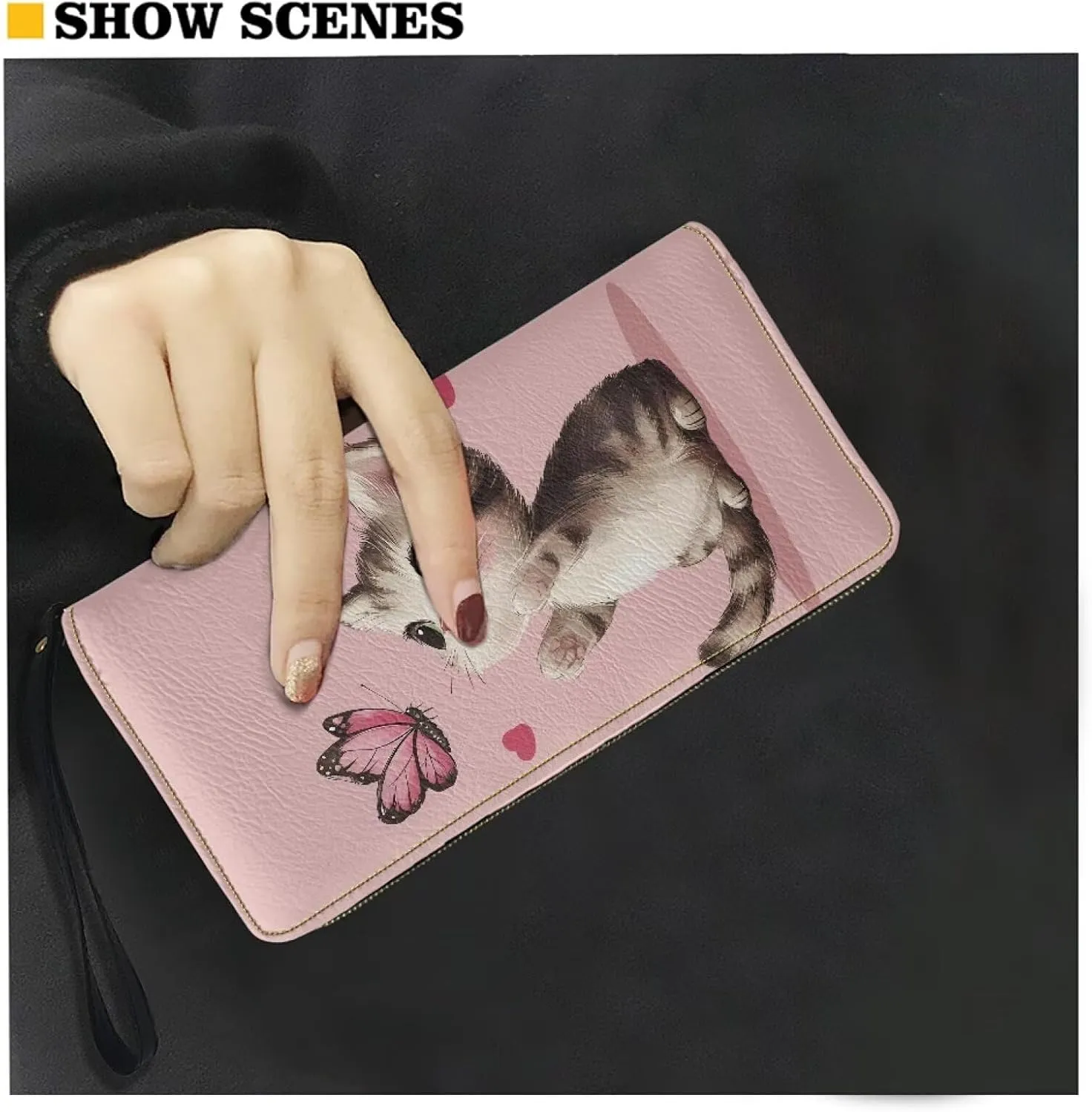 Large Capacity Wristlet Wallet Women PU Leather Stylish Long Clutch Purse Travel Credit Card Holder Metal Zipper Shopping Ladies Coin Pocket,Cute Pink Cat Butterfly Heart Pattern