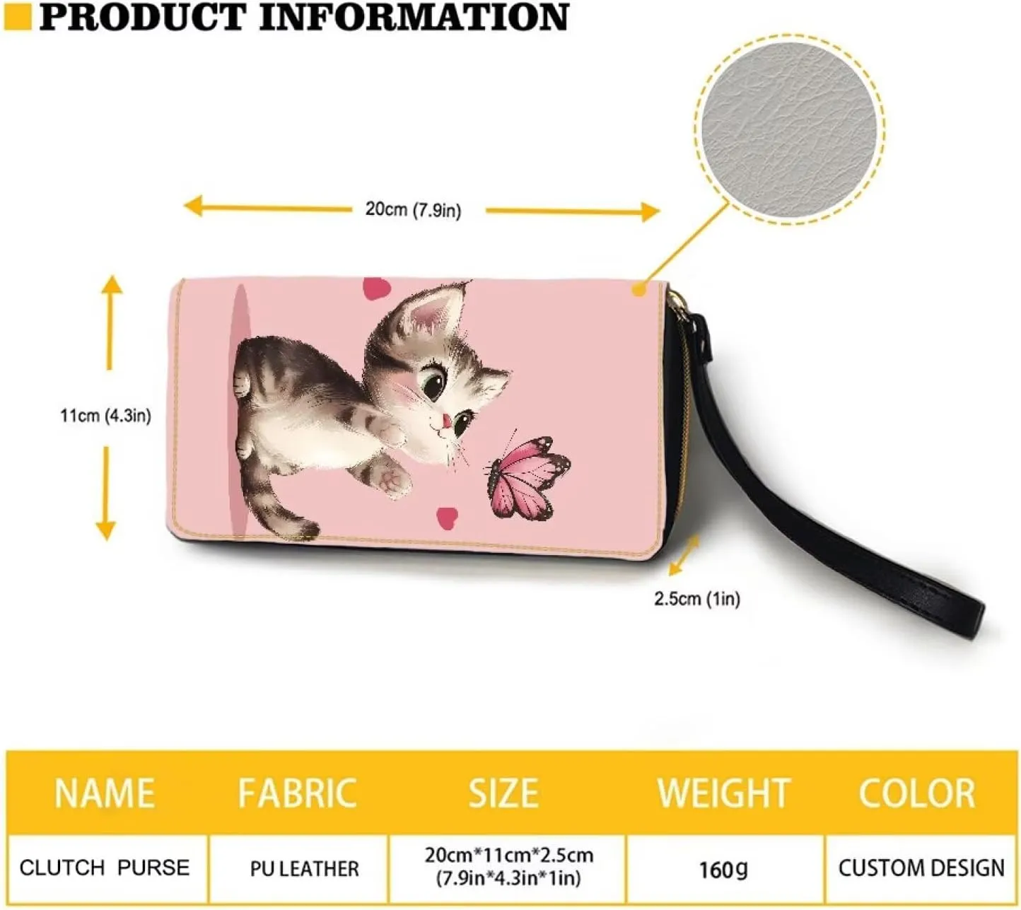 Large Capacity Wristlet Wallet Women PU Leather Stylish Long Clutch Purse Travel Credit Card Holder Metal Zipper Shopping Ladies Coin Pocket,Cute Pink Cat Butterfly Heart Pattern