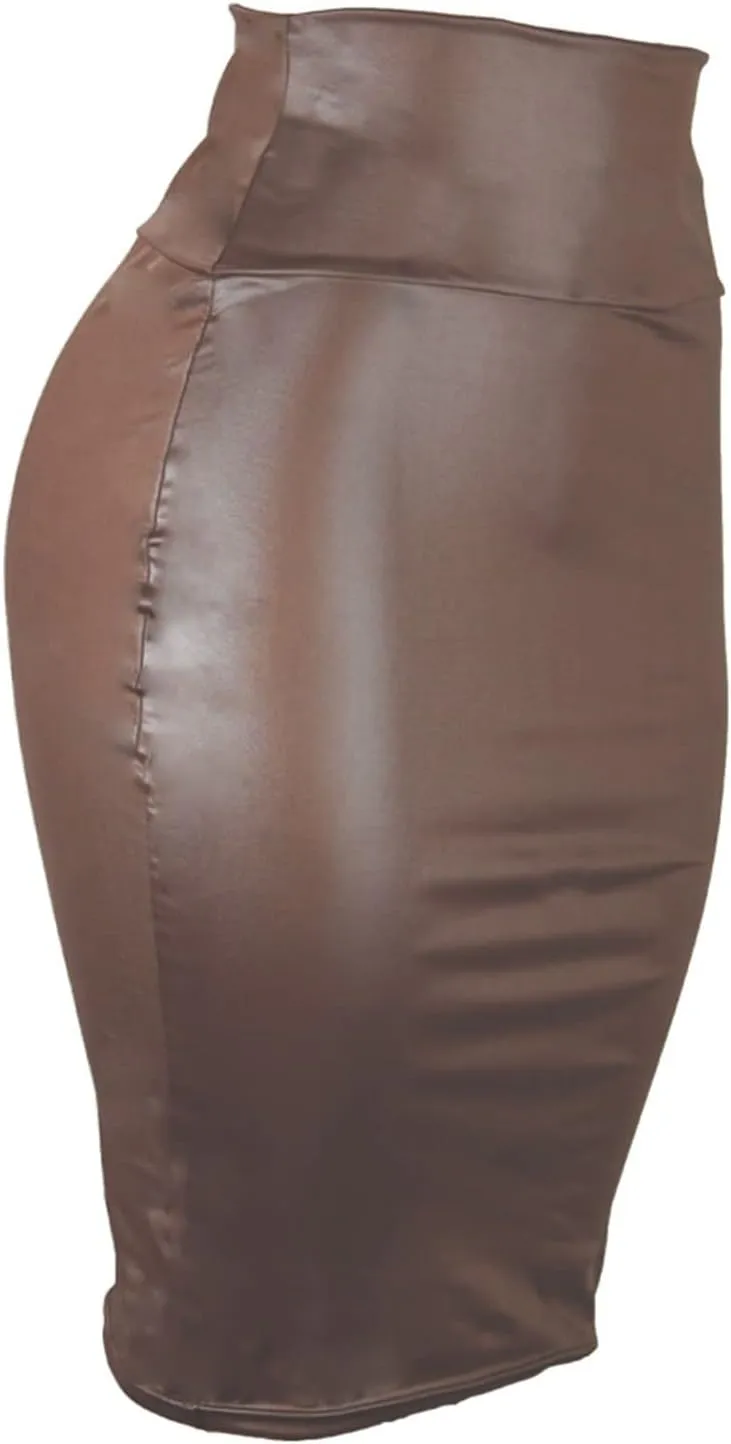 Leather Skirt for Women,Knee Length Elastic Waist Stretchy Bodycon Business Pencil Skirt Sexy Midi Skirts S-3XL