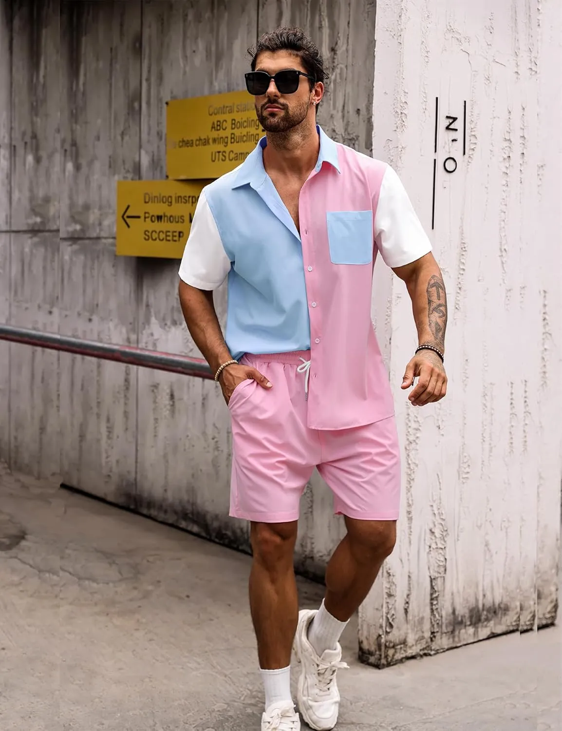 LecGee Men Summer Casual Short Sets Contrast Short Sleeve Button Down Shirt and Shorts Set 2 Piece Outfits Tracksuit