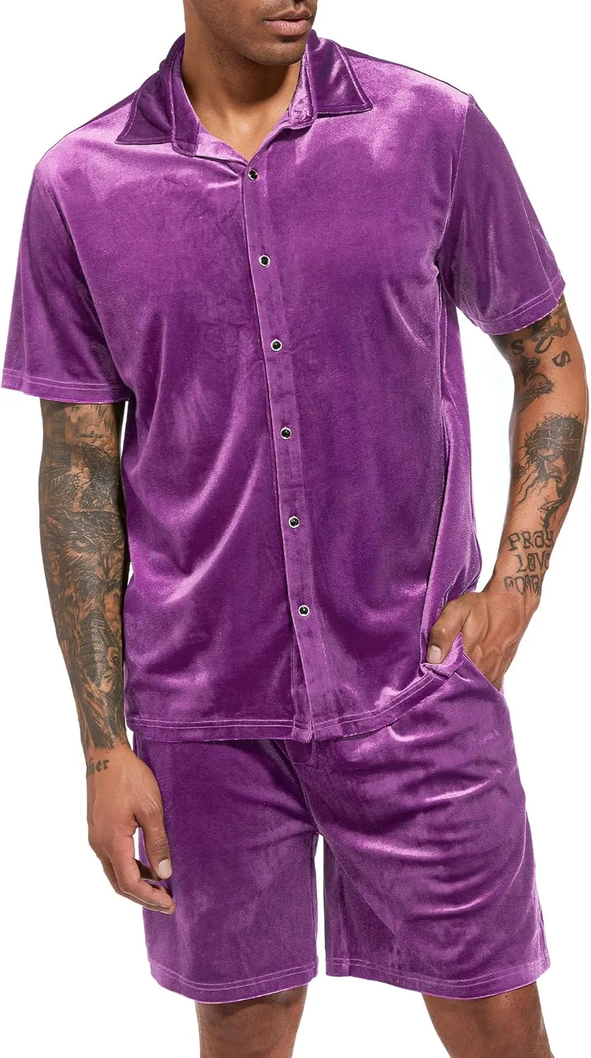 LecGee Men Summer Casual Short Sets Velvet Short Sleeve Button Down Shirt Elastic Waist Shorts 2 Piece Outfits Tracksuit