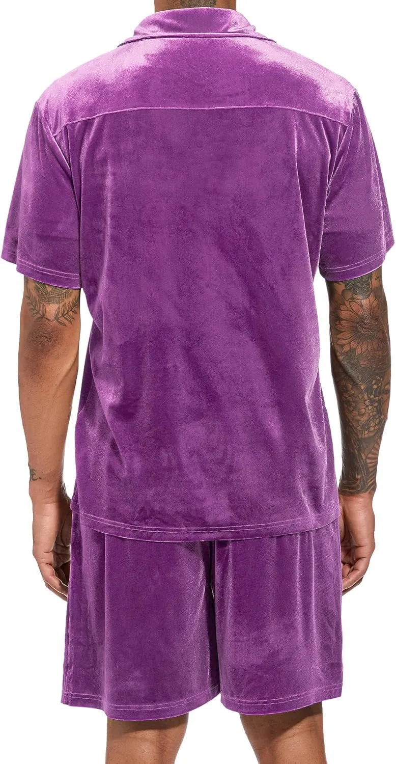 LecGee Men Summer Casual Short Sets Velvet Short Sleeve Button Down Shirt Elastic Waist Shorts 2 Piece Outfits Tracksuit