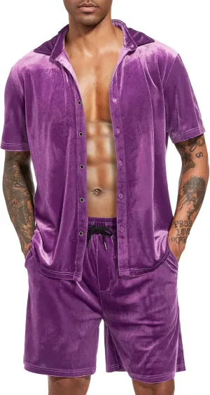 LecGee Men Summer Casual Short Sets Velvet Short Sleeve Button Down Shirt Elastic Waist Shorts 2 Piece Outfits Tracksuit