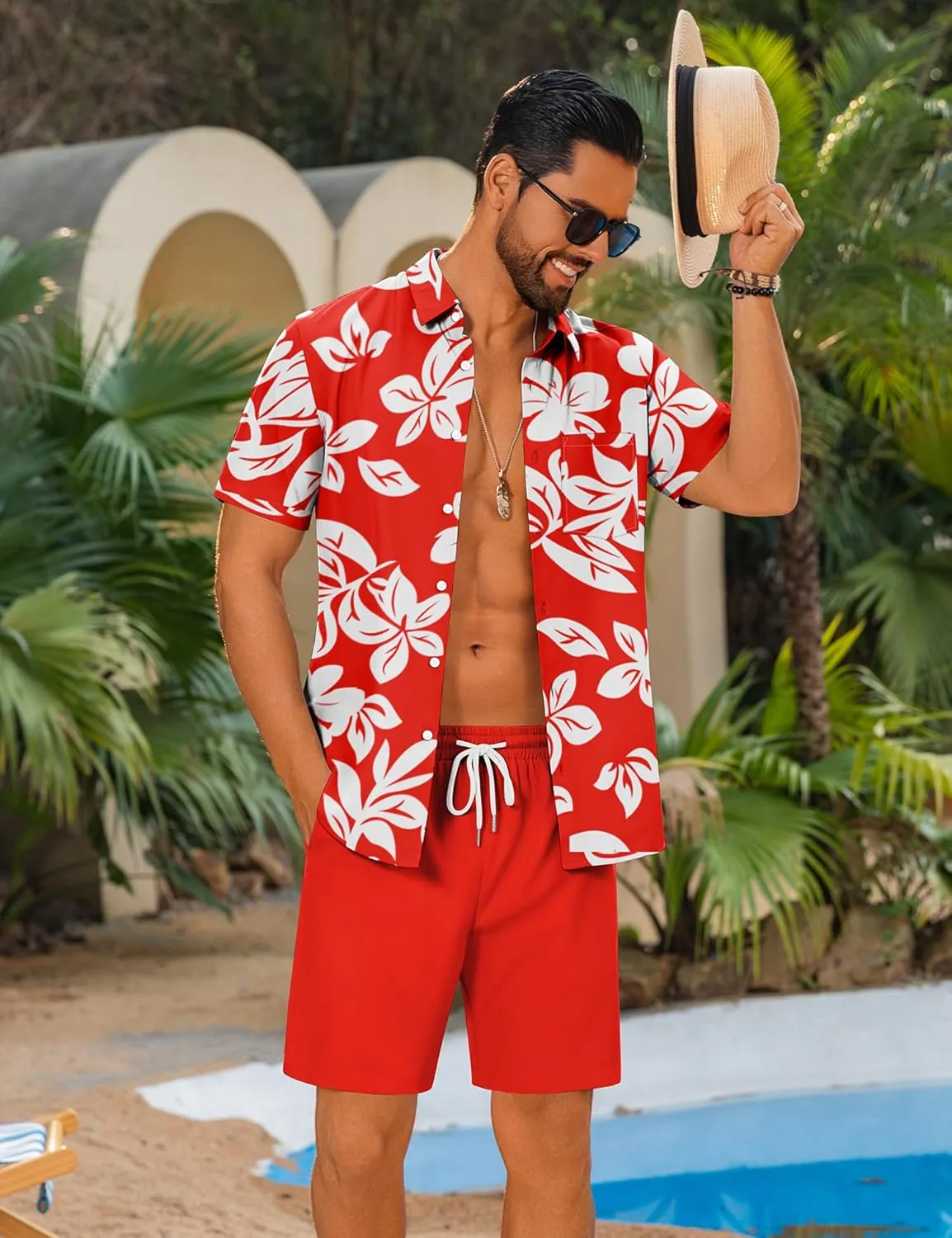 LecGee Men's 2 Piece Hawaiian Short Set Floral Button Down Shirt and Beach Shorts Summer Vacation Outfits for Men