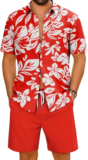 LecGee Men's 2 Piece Hawaiian Short Set Floral Button Down Shirt and Beach Shorts Summer Vacation Outfits for Men