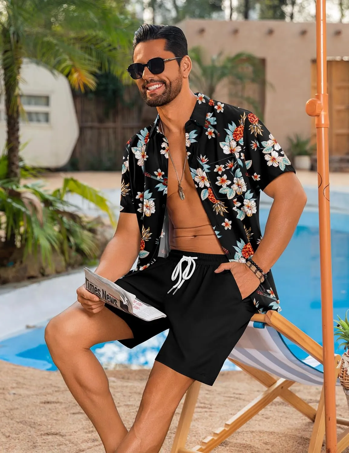 LecGee Men's 2 Piece Hawaiian Short Set Floral Button Down Shirt and Beach Shorts Summer Vacation Outfits for Men