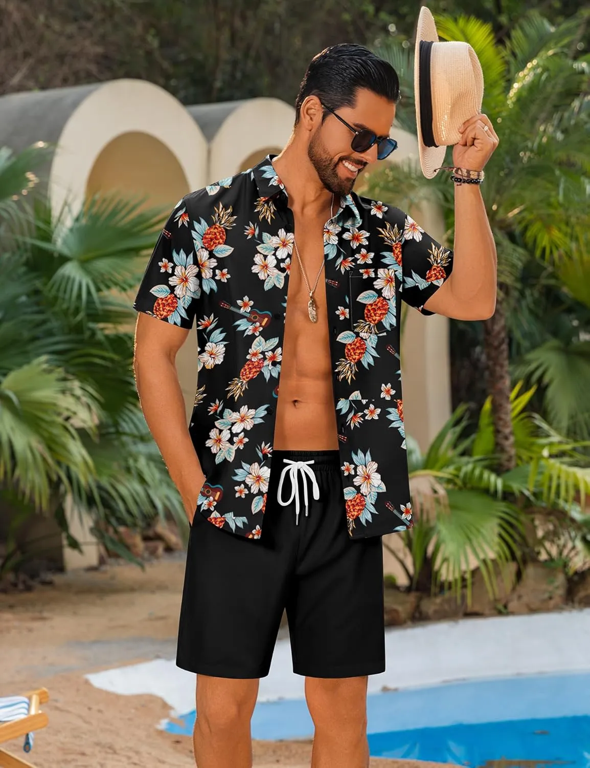 LecGee Men's 2 Piece Hawaiian Short Set Floral Button Down Shirt and Beach Shorts Summer Vacation Outfits for Men