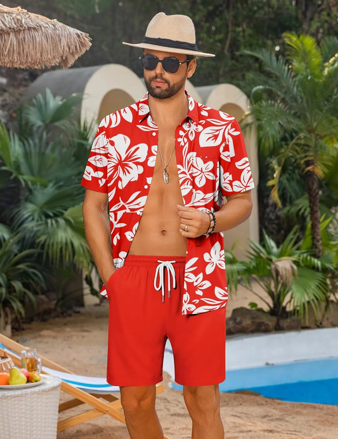 LecGee Men's 2 Piece Hawaiian Short Set Floral Button Down Shirt and Beach Shorts Summer Vacation Outfits for Men