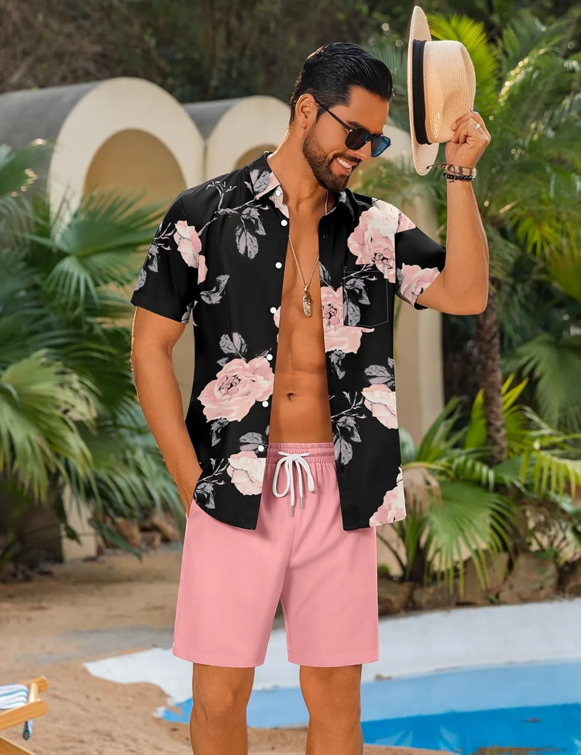 LecGee Men's 2 Piece Hawaiian Short Set Floral Button Down Shirt and Beach Shorts Summer Vacation Outfits for Men