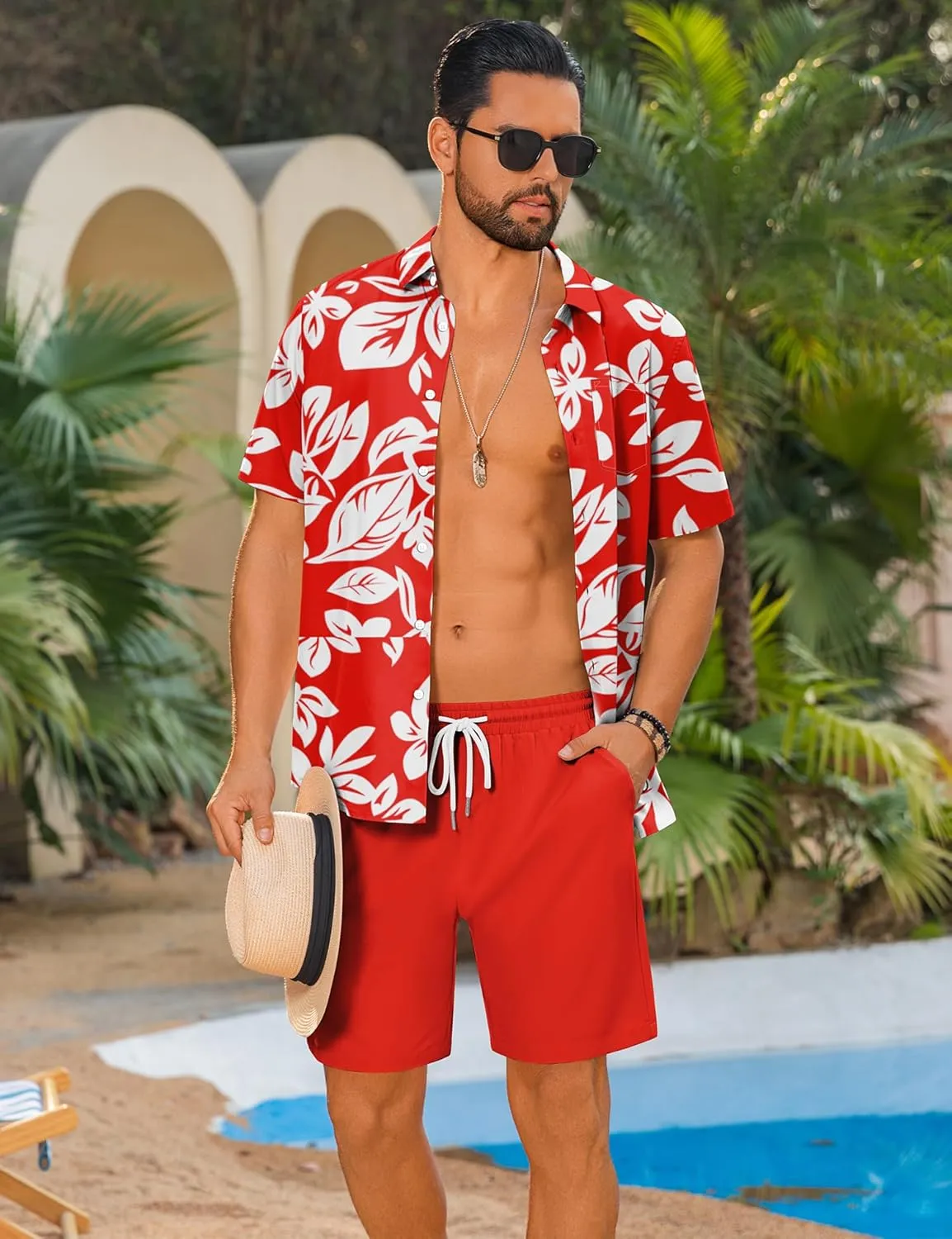 LecGee Men's 2 Piece Hawaiian Short Set Floral Button Down Shirt and Beach Shorts Summer Vacation Outfits for Men