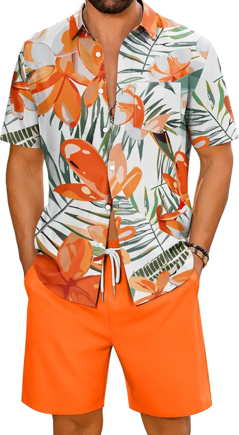 LecGee Men's 2 Piece Hawaiian Short Set Floral Button Down Shirt and Beach Shorts Summer Vacation Outfits for Men