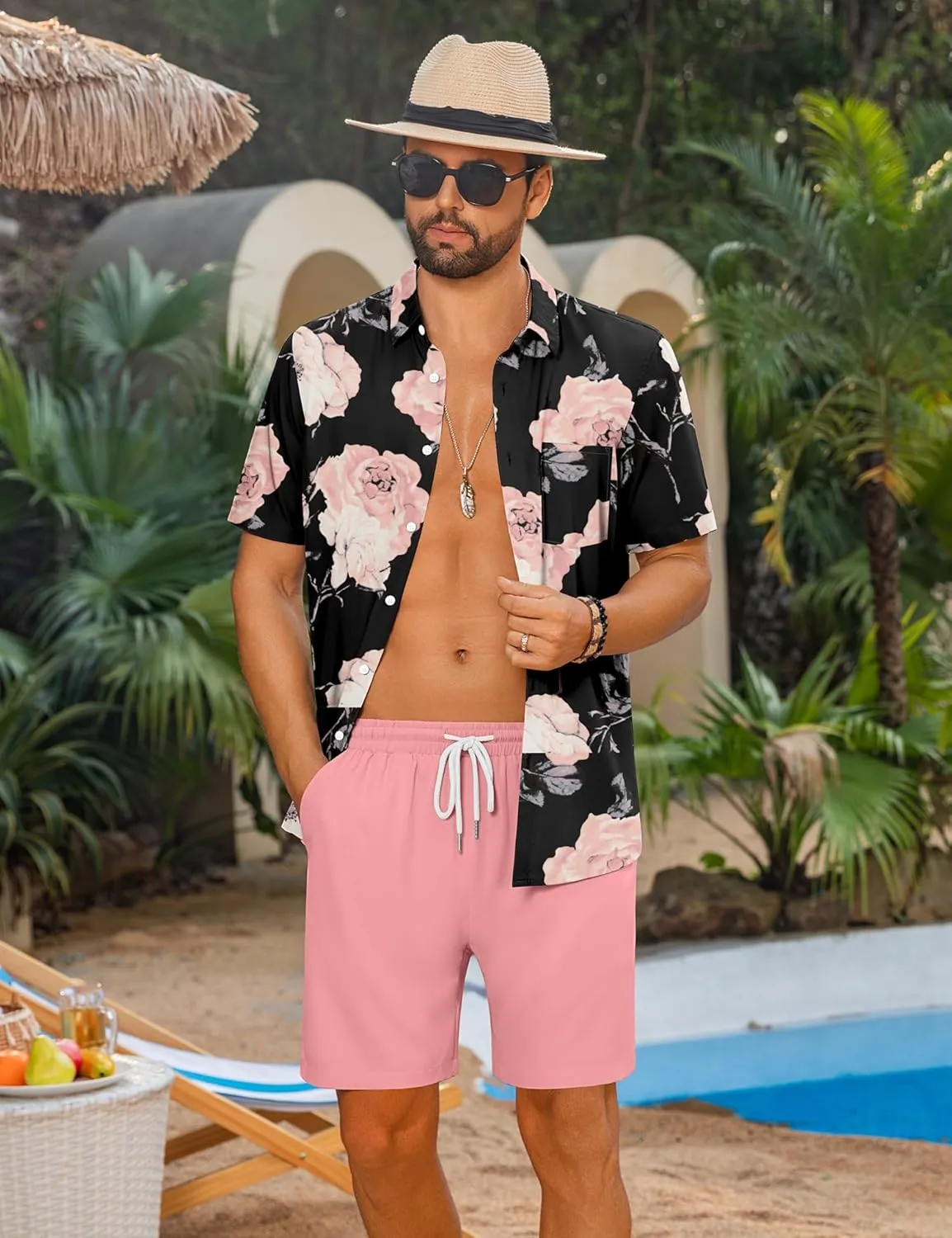 LecGee Men's 2 Piece Hawaiian Short Set Floral Button Down Shirt and Beach Shorts Summer Vacation Outfits for Men