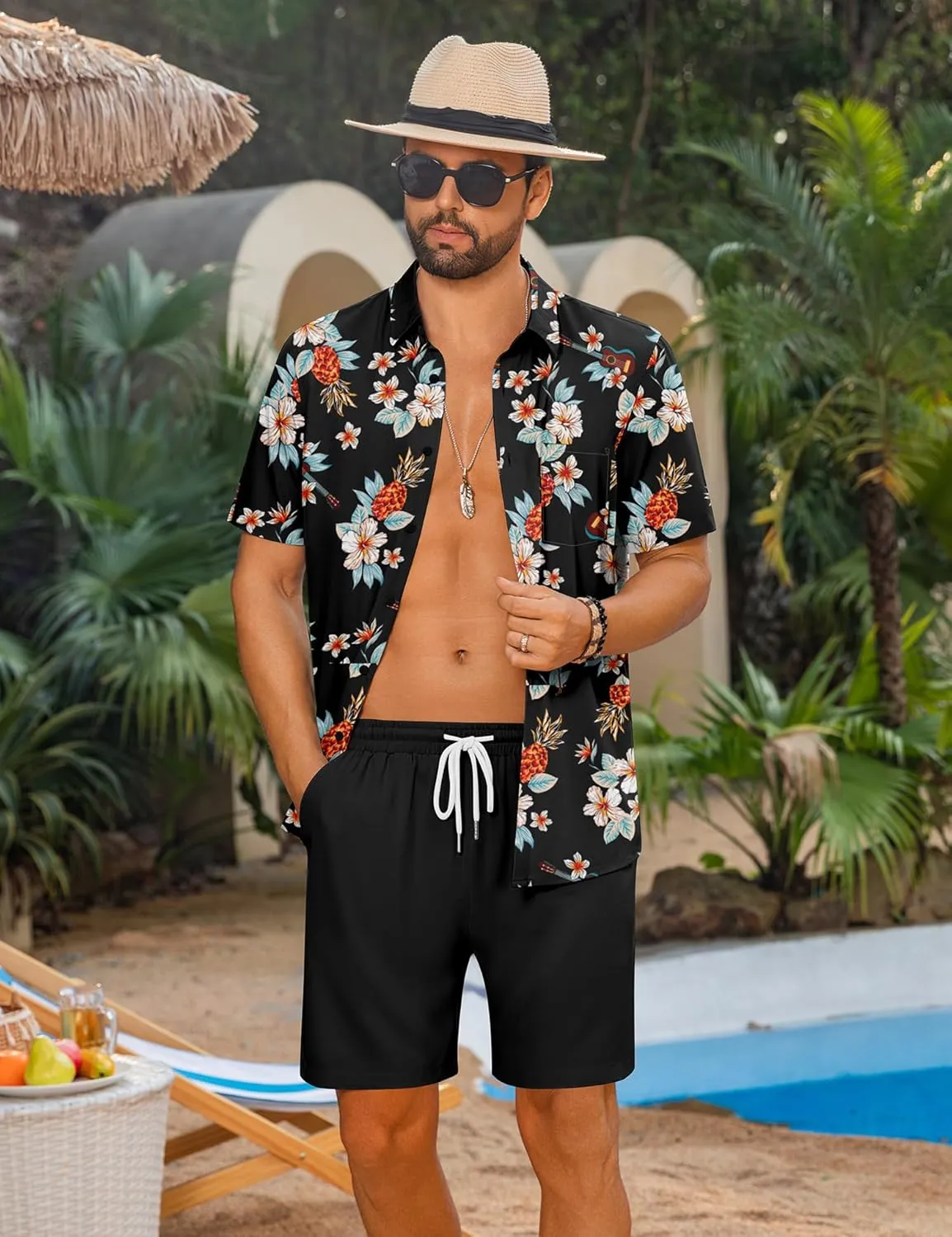 LecGee Men's 2 Piece Hawaiian Short Set Floral Button Down Shirt and Beach Shorts Summer Vacation Outfits for Men