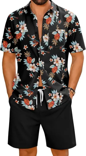 LecGee Men's 2 Piece Hawaiian Short Set Floral Button Down Shirt and Beach Shorts Summer Vacation Outfits for Men