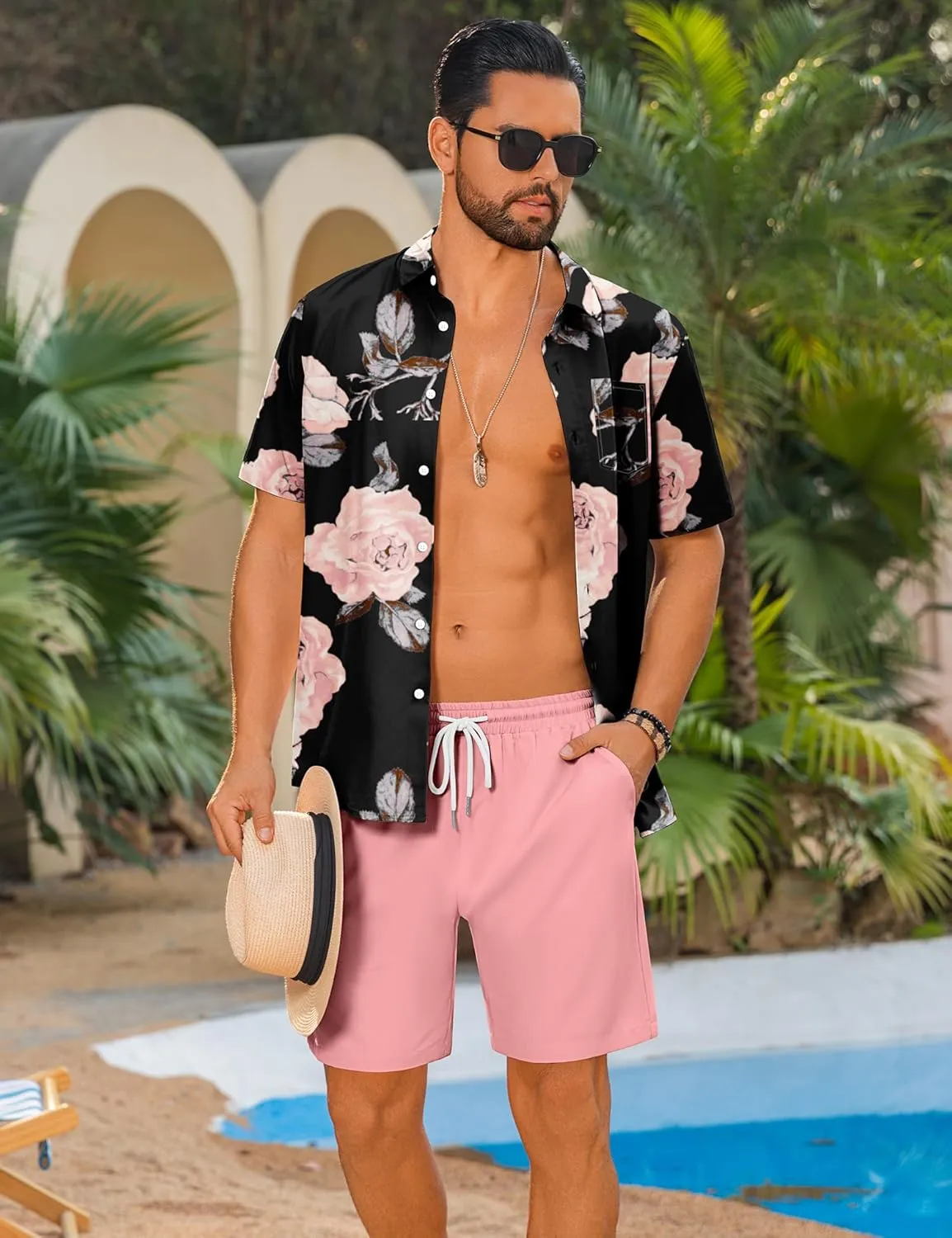 LecGee Men's 2 Piece Hawaiian Short Set Floral Button Down Shirt and Beach Shorts Summer Vacation Outfits for Men