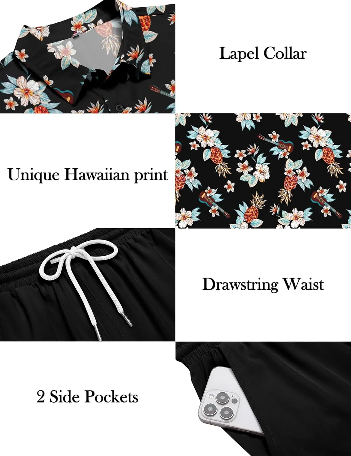 LecGee Men's 2 Piece Hawaiian Short Set Floral Button Down Shirt and Beach Shorts Summer Vacation Outfits for Men