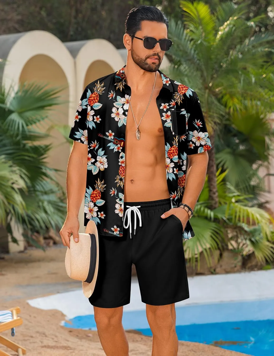 LecGee Men's 2 Piece Hawaiian Short Set Floral Button Down Shirt and Beach Shorts Summer Vacation Outfits for Men
