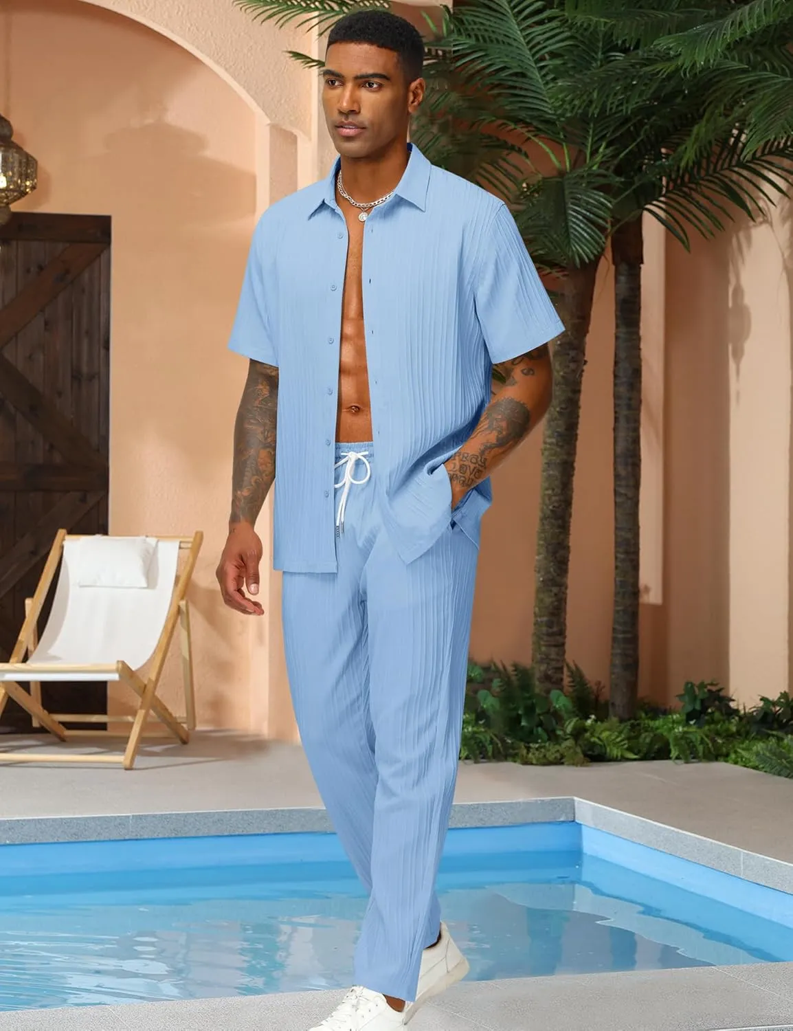 LecGee Men's 2 Piece Vertical Striped Textured Outfits Summer Casual Button Down Shirts And Pants Matching Sets