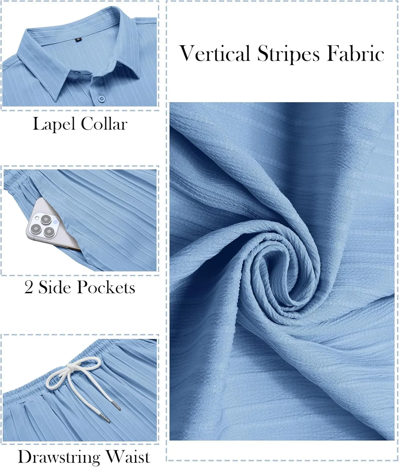 LecGee Men's 2 Piece Vertical Striped Textured Outfits Summer Casual Button Down Shirts And Pants Matching Sets