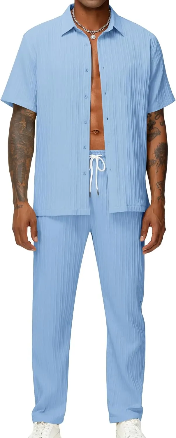 LecGee Men's 2 Piece Vertical Striped Textured Outfits Summer Casual Button Down Shirts And Pants Matching Sets