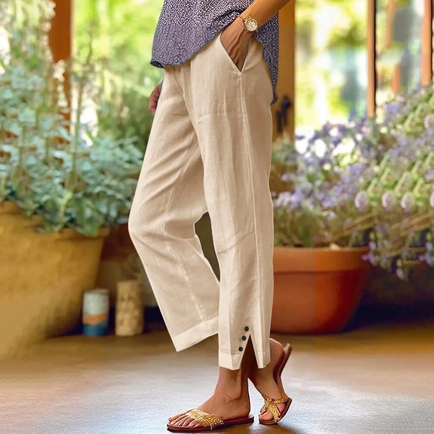 Leggings for Women Solid Elastic Pants Long Drawstring Linen Women Waist Cotton Casual Slit Trouser Legs Pants