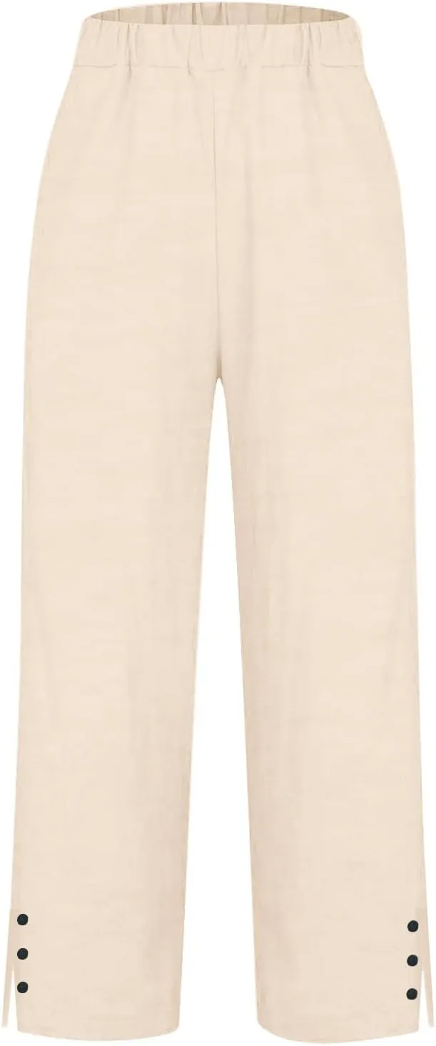 Leggings for Women Solid Elastic Pants Long Drawstring Linen Women Waist Cotton Casual Slit Trouser Legs Pants