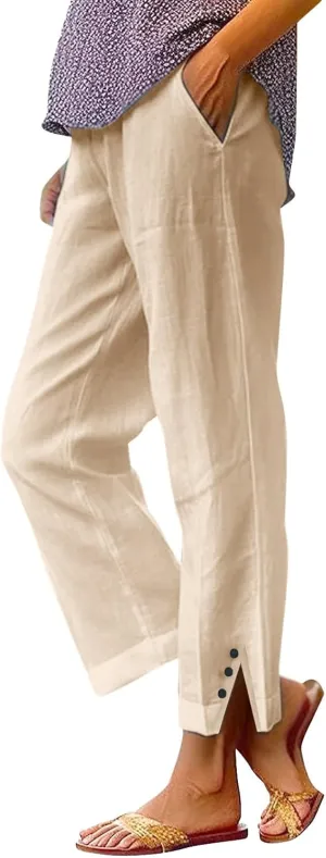 Leggings for Women Solid Elastic Pants Long Drawstring Linen Women Waist Cotton Casual Slit Trouser Legs Pants
