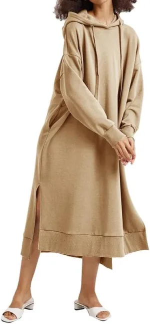 Les umes Womens Long Sleeve Pullover Hoodie Dress Side Split Hooded Oversized Sweatshirt Dress with Pockets
