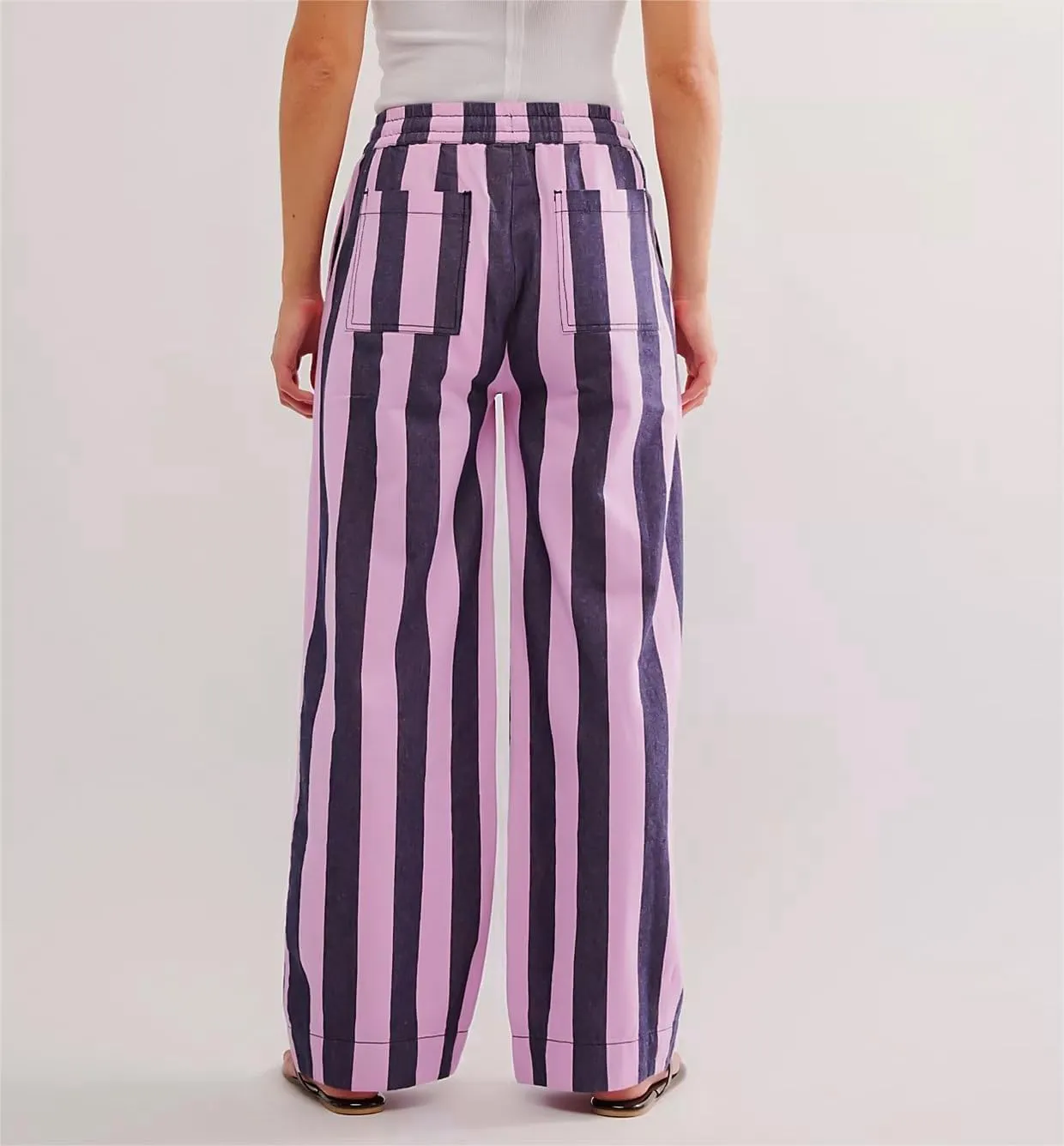 LifeShe Womens Striped Wide Leg Jeans Drawstring Elastic Waist Denim Pants Casual Baggy Jean Trousers