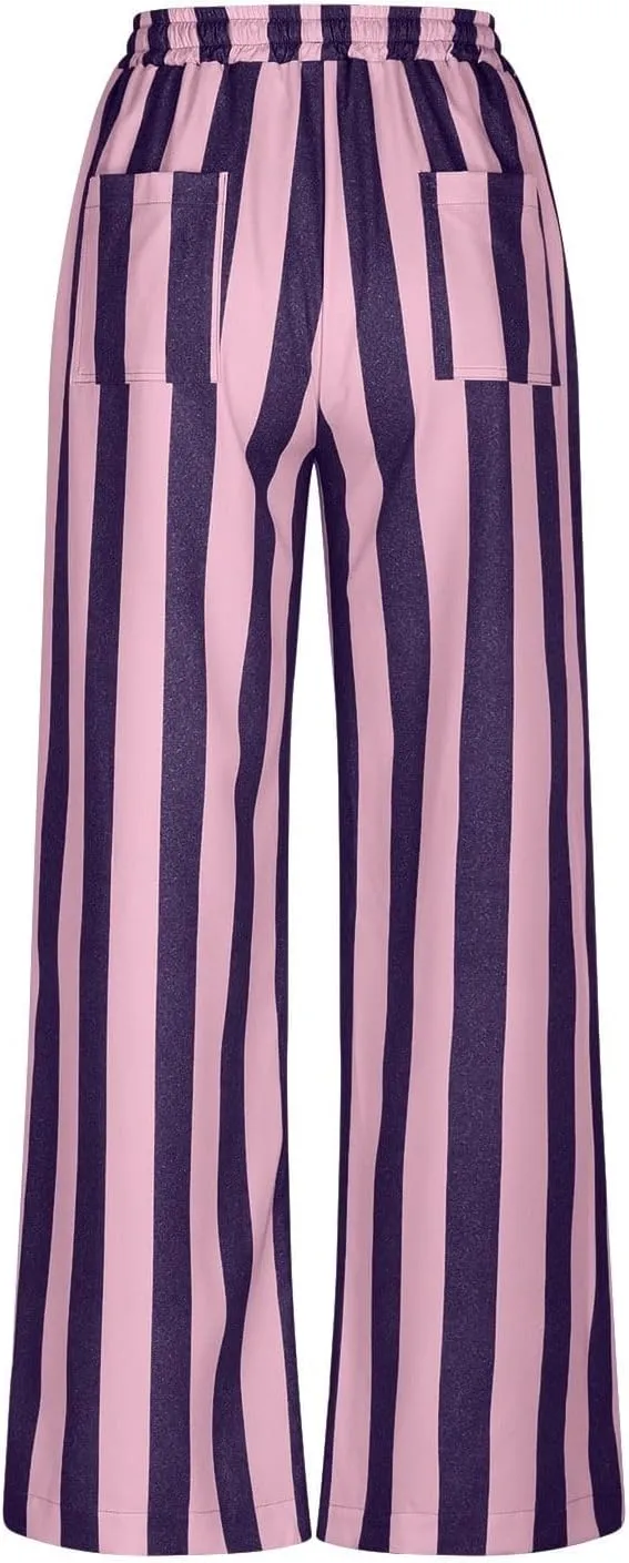 LifeShe Womens Striped Wide Leg Jeans Drawstring Elastic Waist Denim Pants Casual Baggy Jean Trousers