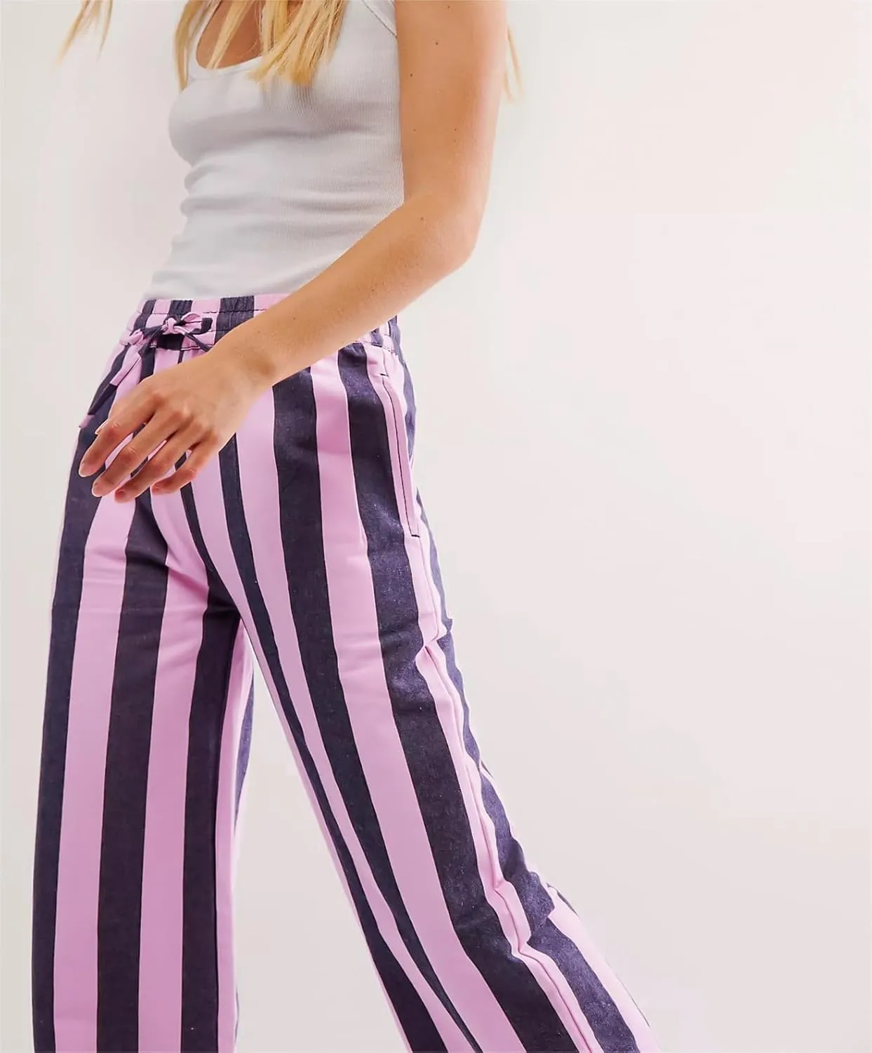 LifeShe Womens Striped Wide Leg Jeans Drawstring Elastic Waist Denim Pants Casual Baggy Jean Trousers