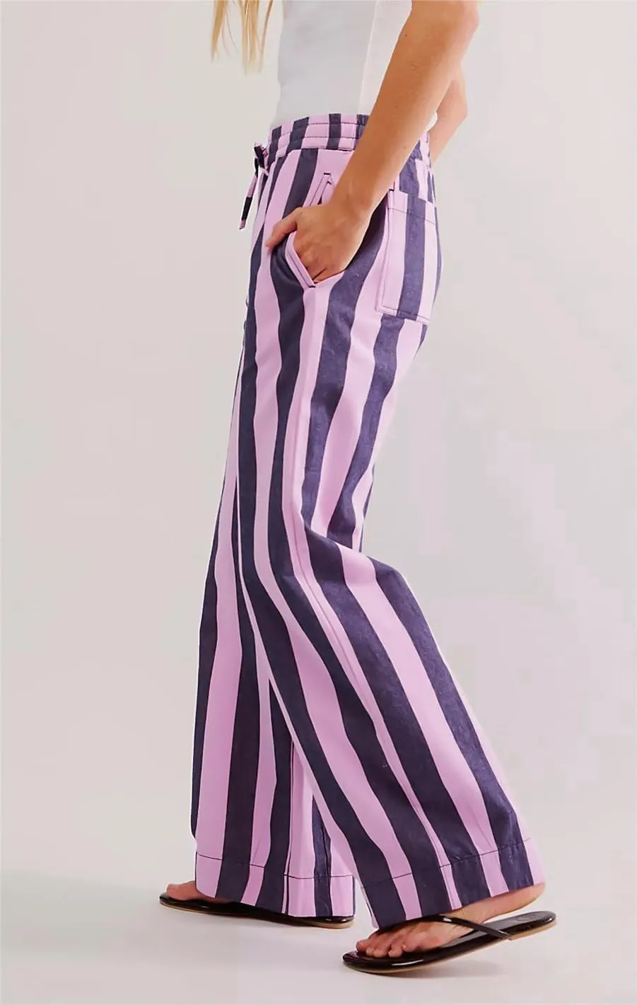 LifeShe Womens Striped Wide Leg Jeans Drawstring Elastic Waist Denim Pants Casual Baggy Jean Trousers