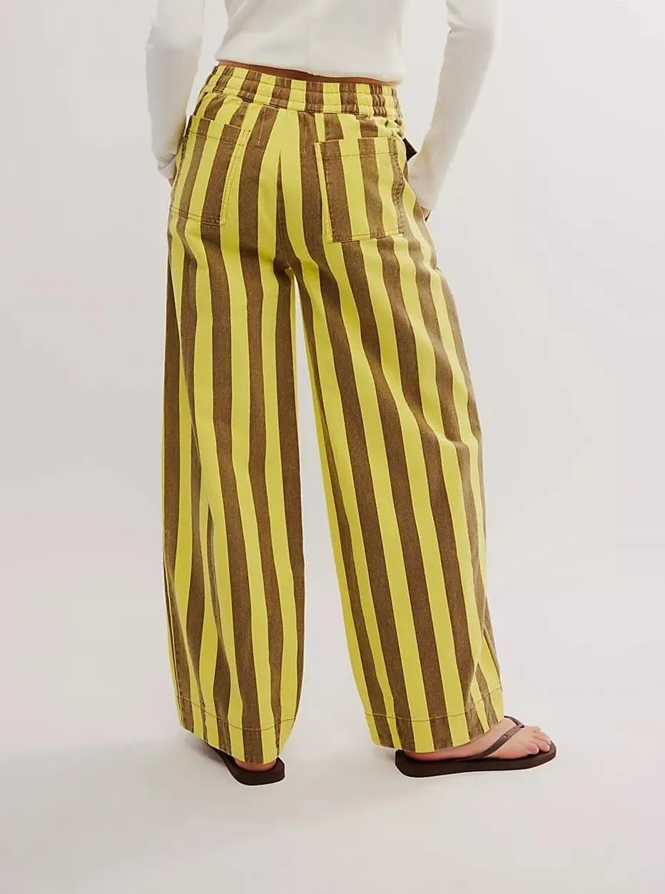 LifeShe Womens Striped Wide Leg Jeans Drawstring Elastic Waist Denim Pants Casual Baggy Jean Trousers
