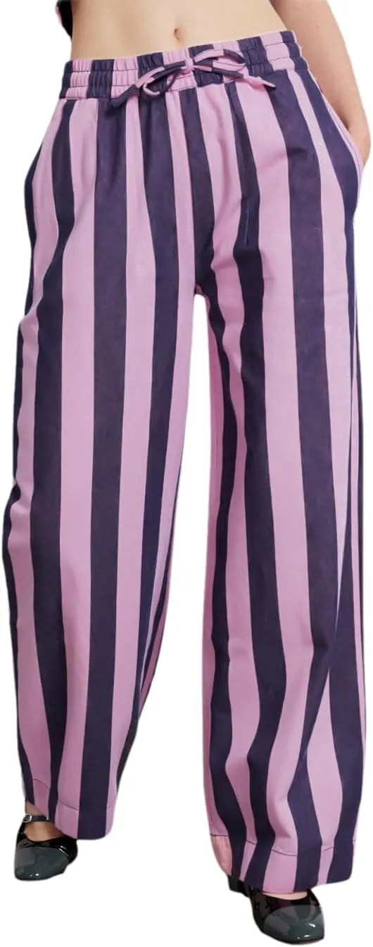 LifeShe Womens Striped Wide Leg Jeans Drawstring Elastic Waist Denim Pants Casual Baggy Jean Trousers
