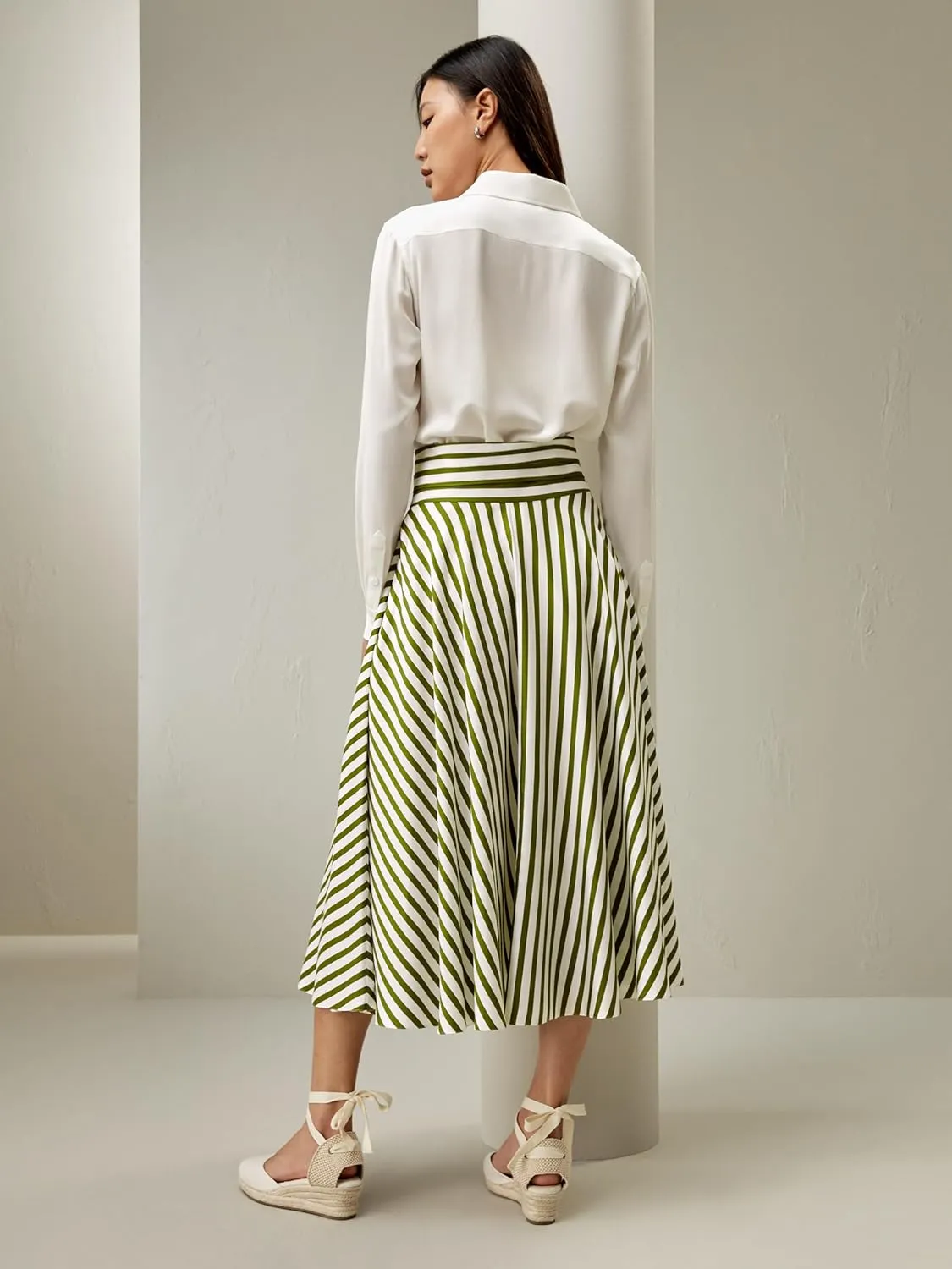LilySilk Silk Striped Skirt for Women Maxi Midi Length Side Zipper Up Waist Self-Tie Dress for Ladies Pinstripe A Line
