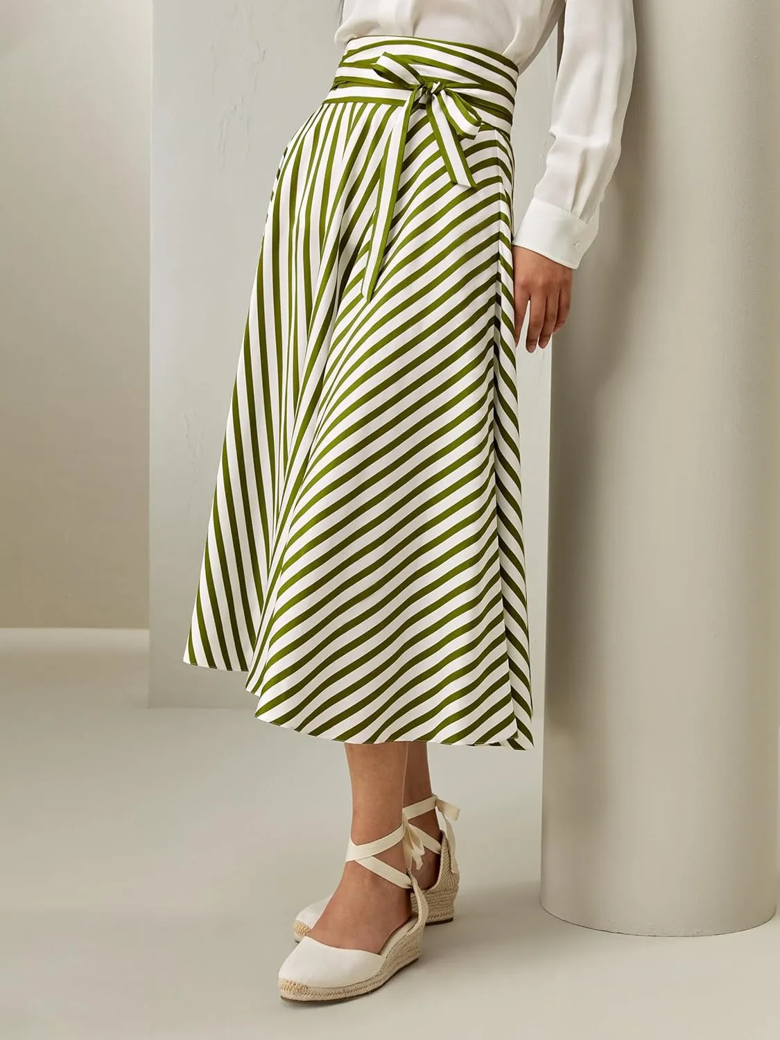 LilySilk Silk Striped Skirt for Women Maxi Midi Length Side Zipper Up Waist Self-Tie Dress for Ladies Pinstripe A Line
