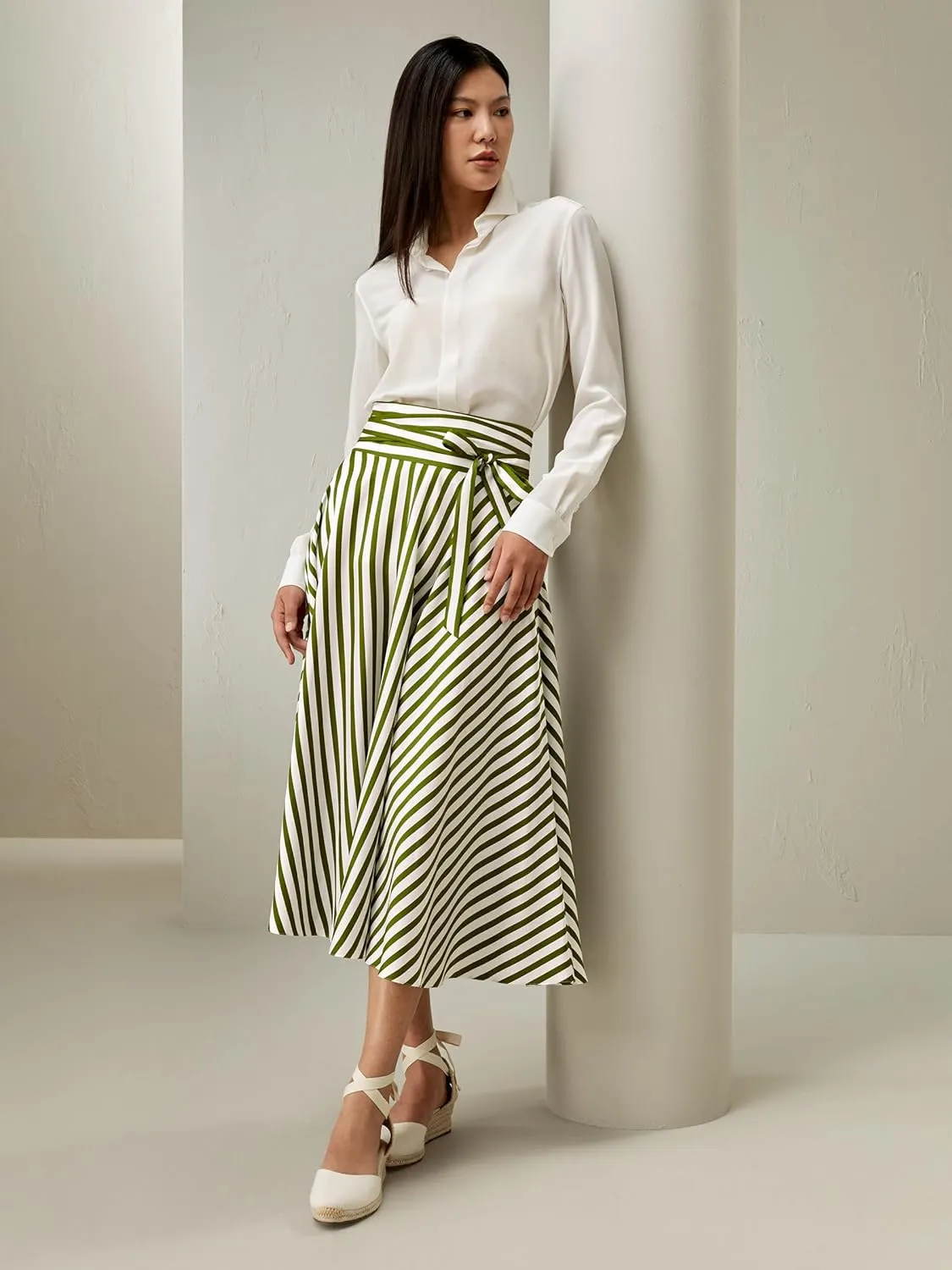 LilySilk Silk Striped Skirt for Women Maxi Midi Length Side Zipper Up Waist Self-Tie Dress for Ladies Pinstripe A Line