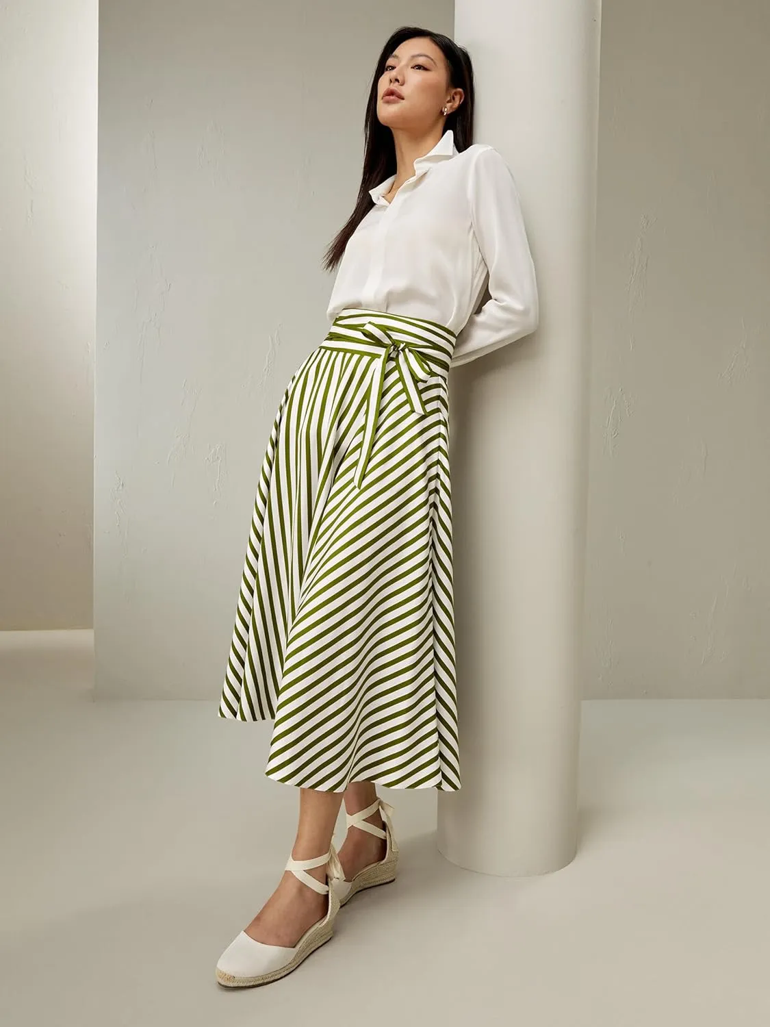 LilySilk Silk Striped Skirt for Women Maxi Midi Length Side Zipper Up Waist Self-Tie Dress for Ladies Pinstripe A Line
