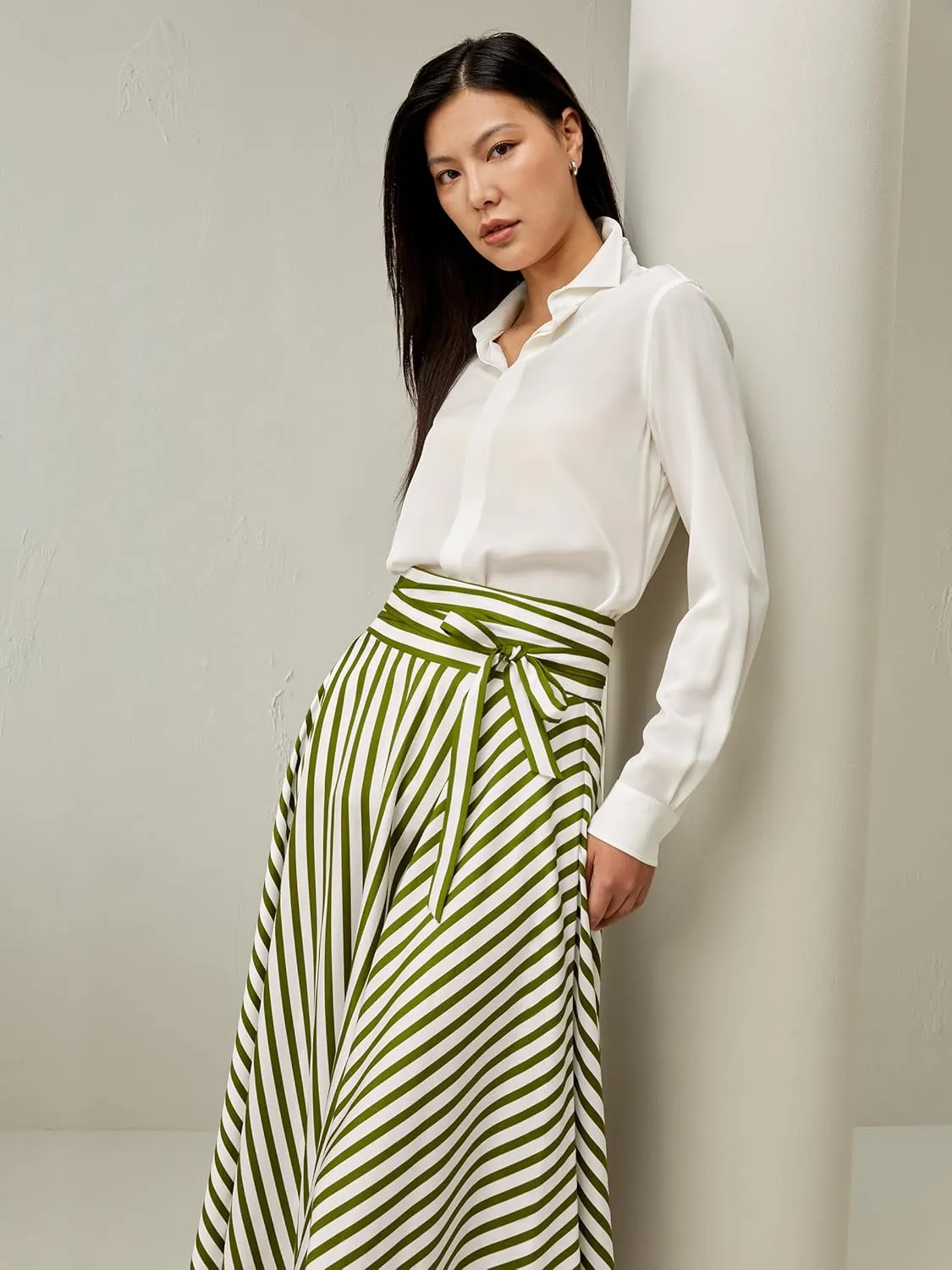 LilySilk Silk Striped Skirt for Women Maxi Midi Length Side Zipper Up Waist Self-Tie Dress for Ladies Pinstripe A Line