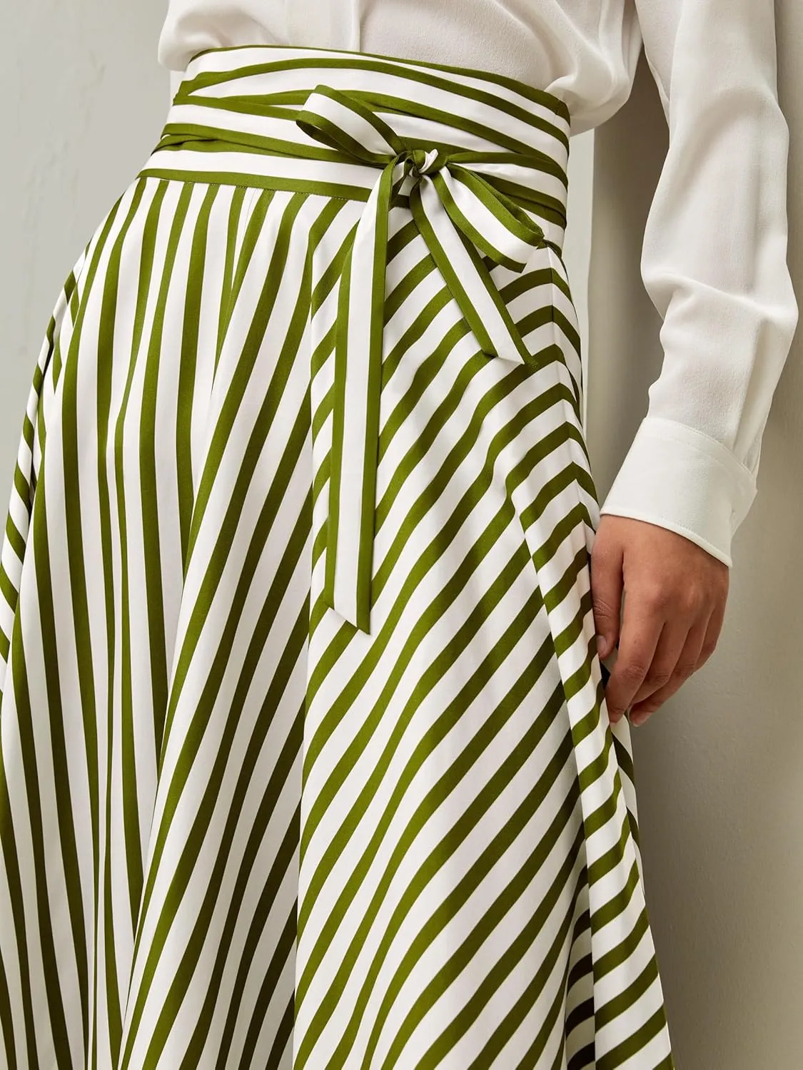 LilySilk Silk Striped Skirt for Women Maxi Midi Length Side Zipper Up Waist Self-Tie Dress for Ladies Pinstripe A Line