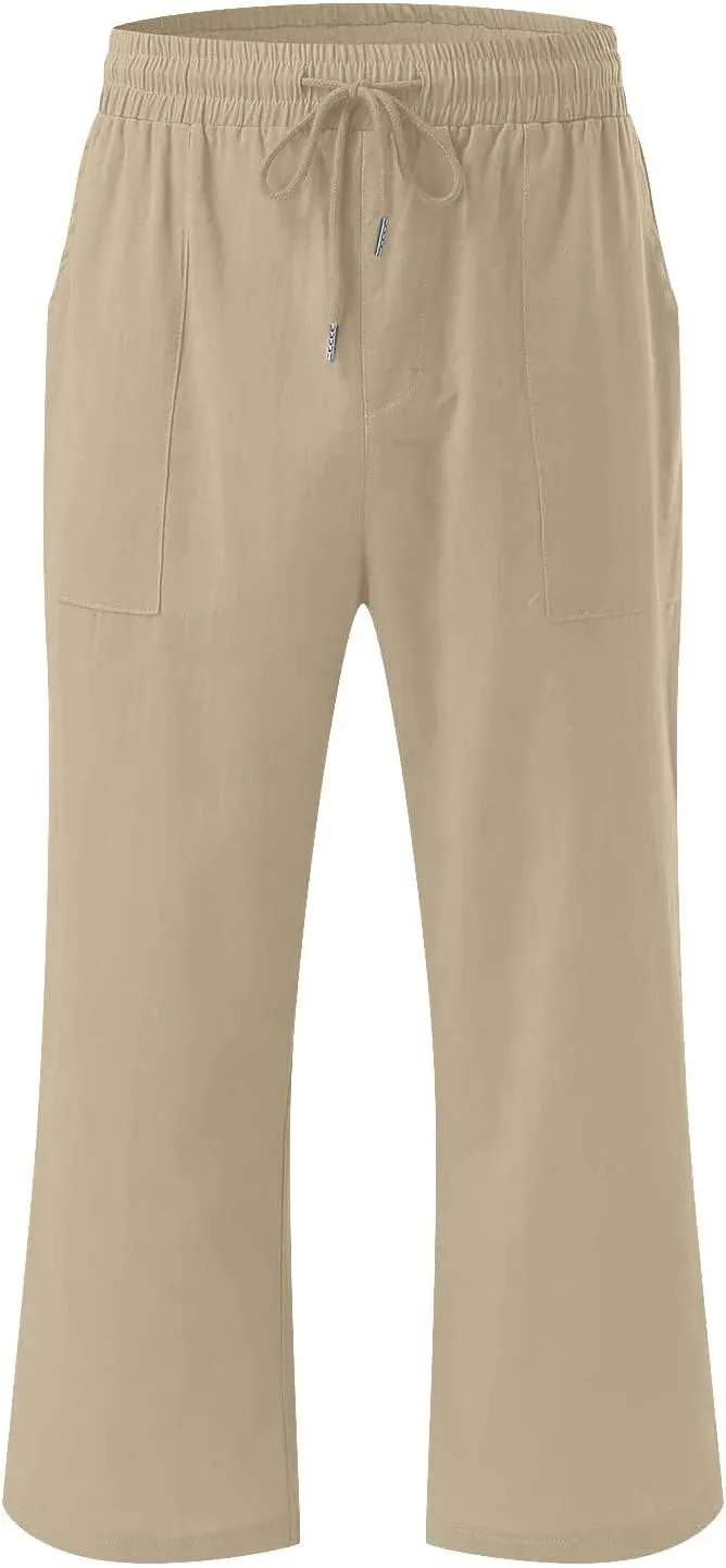 Linen Capri Pants for Women Casual 2025 Summer Drawstring Elastic High Waist Capris Wide Leg Cropped Trousers