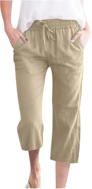 Linen Capri Pants for Women Casual 2025 Summer Drawstring Elastic High Waist Capris Wide Leg Cropped Trousers