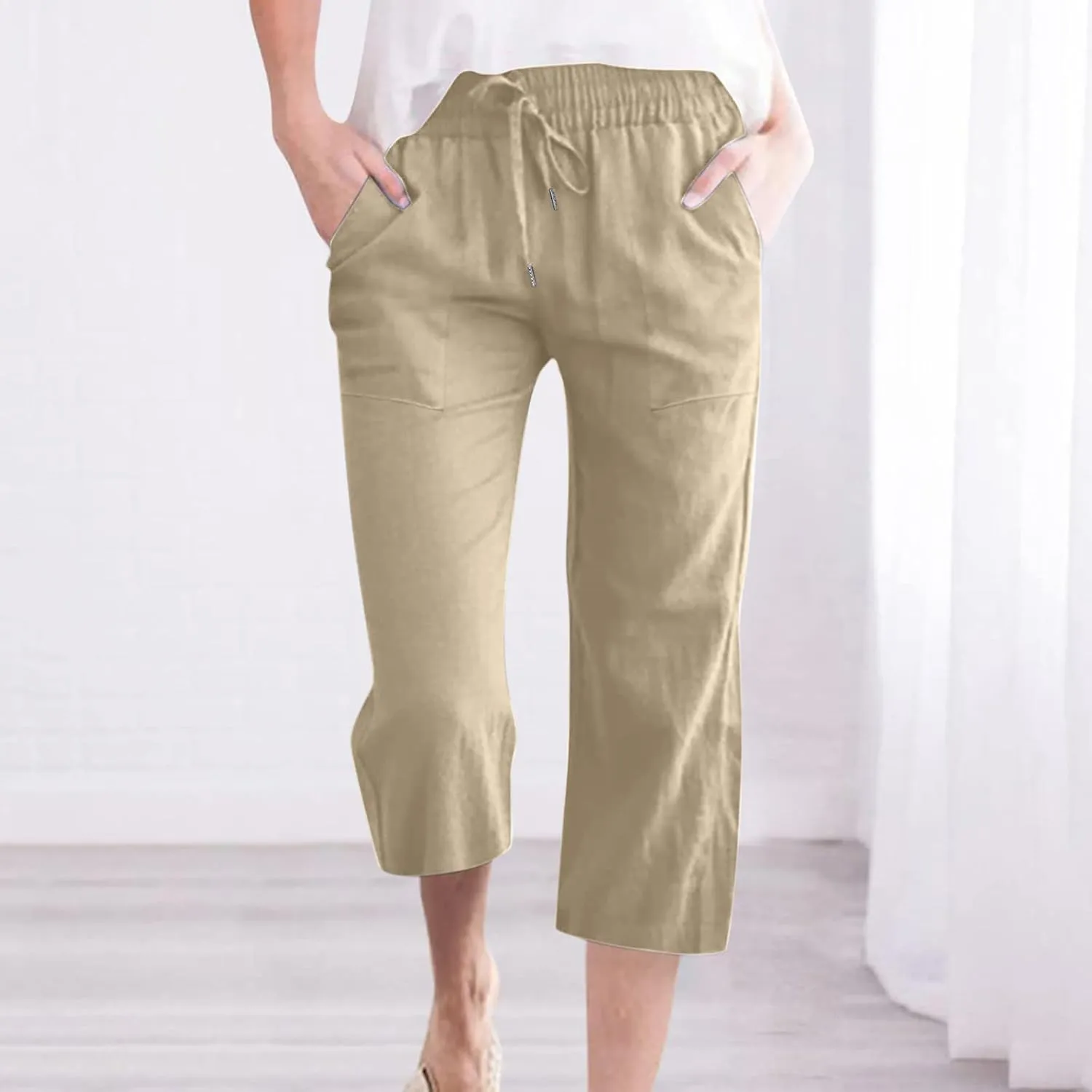Linen Capri Pants for Women Casual 2025 Summer Drawstring Elastic High Waist Capris Wide Leg Cropped Trousers