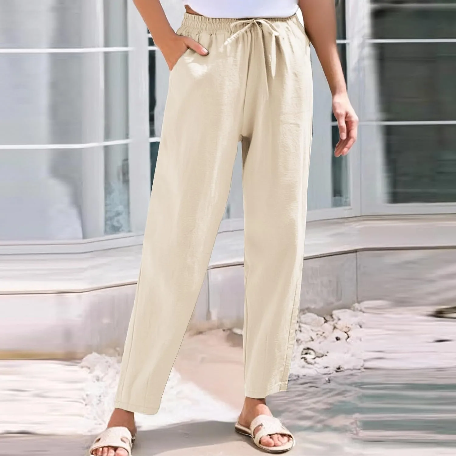 Linen Cropped Pants Women Straight Leg Elastic Waist Drawstring Casual Pants with Pockets 2025 Summer Beach Outfits